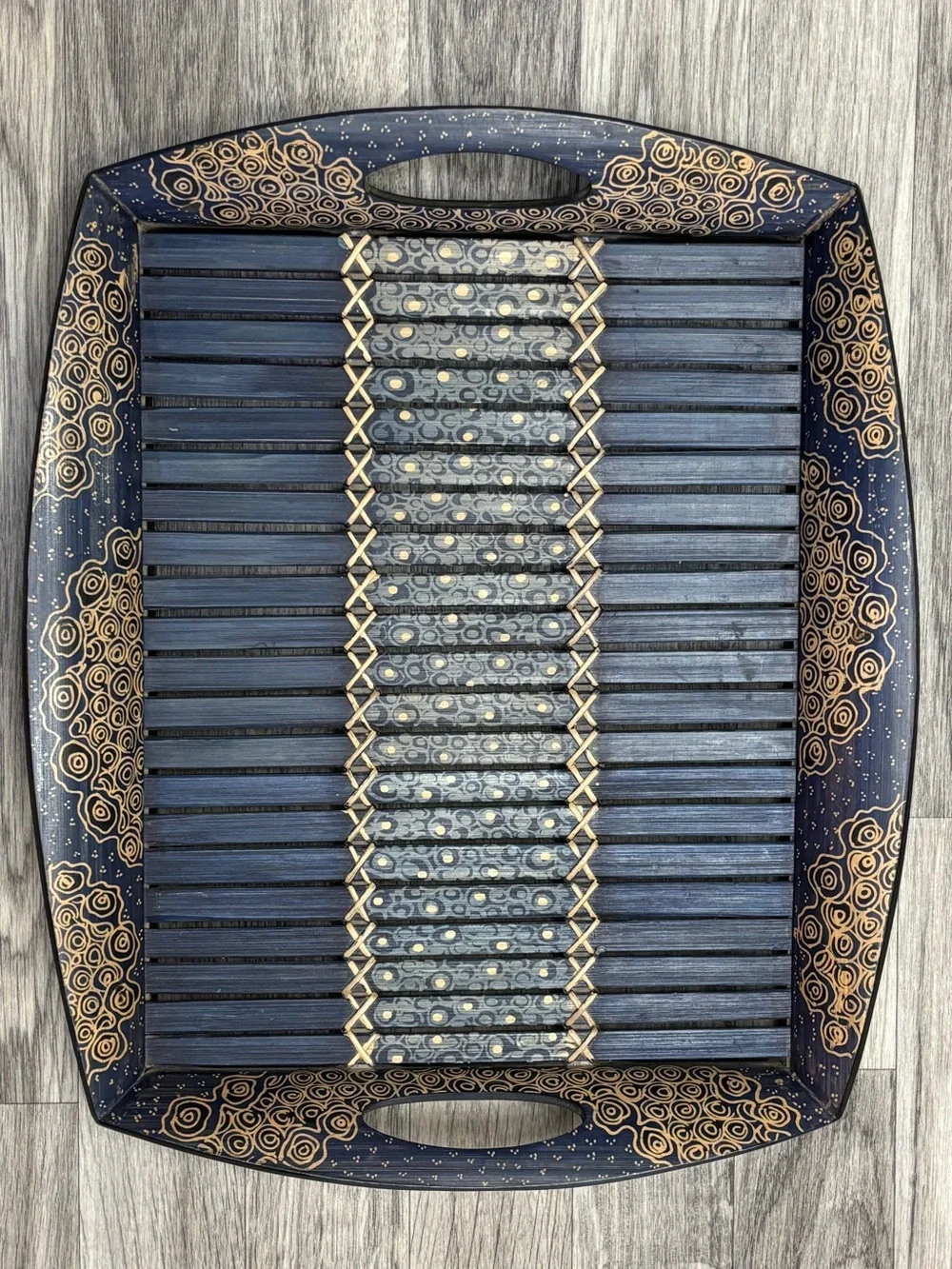Ten Thousand Villages Blue Bamboo Batik Serving Tray 16x14 Hand Painted Wood Boh